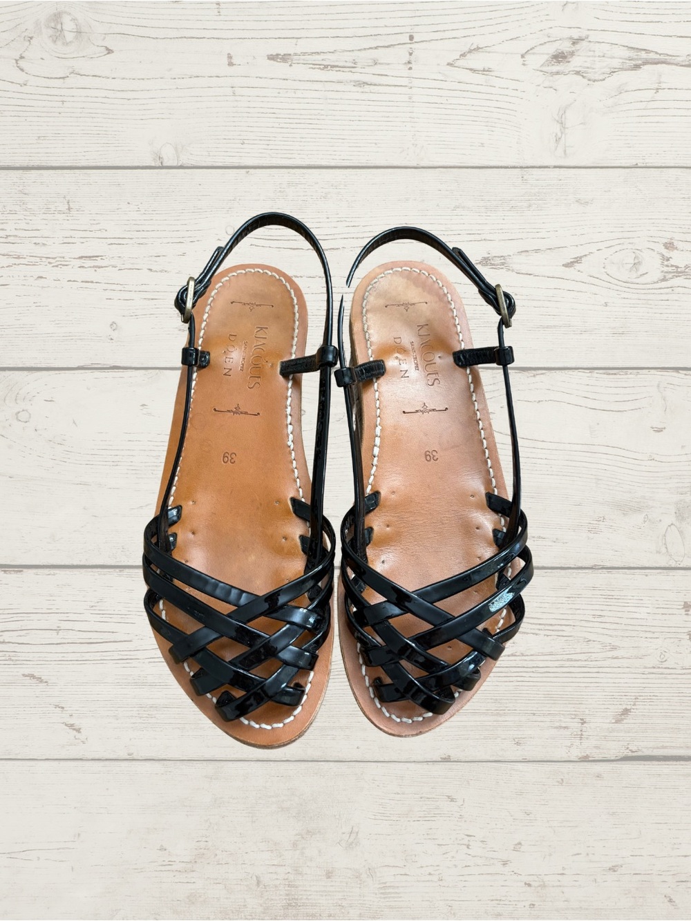 Doen x K.Jacques Peche Black Patent Leather Slingback Sandals Sz 39 US 8